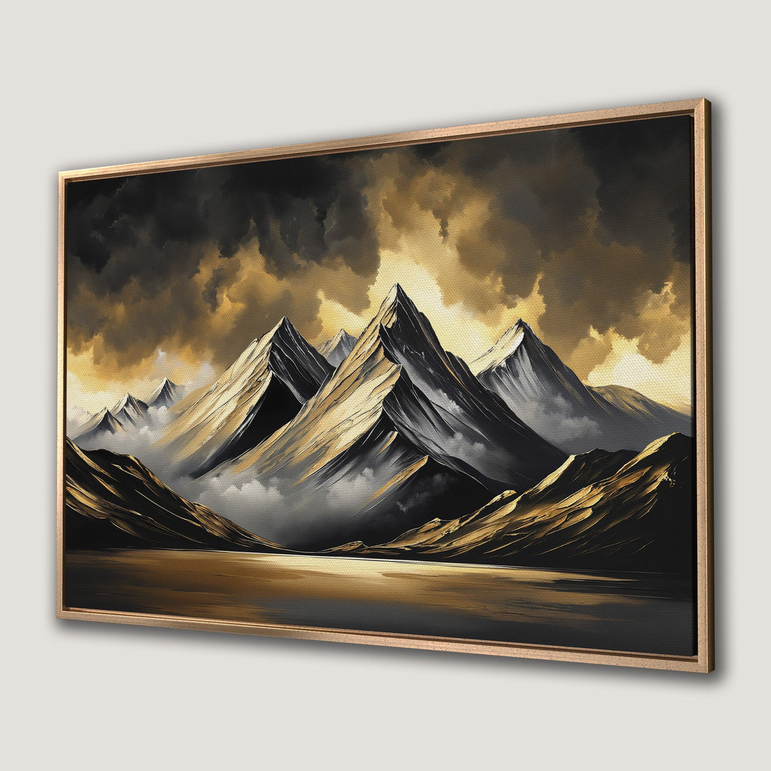 Framed Wall Art: Majestic mountain landscape canvas print in gold and black. Dramatic art for modern home decor.