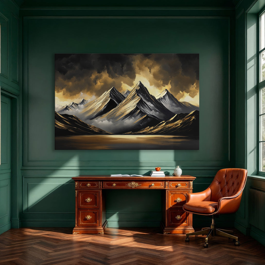 Framed Wall Art: Mountain landscape canvas print in gold, black, and warm tones, perfect for dining room decor. Elevate your space!