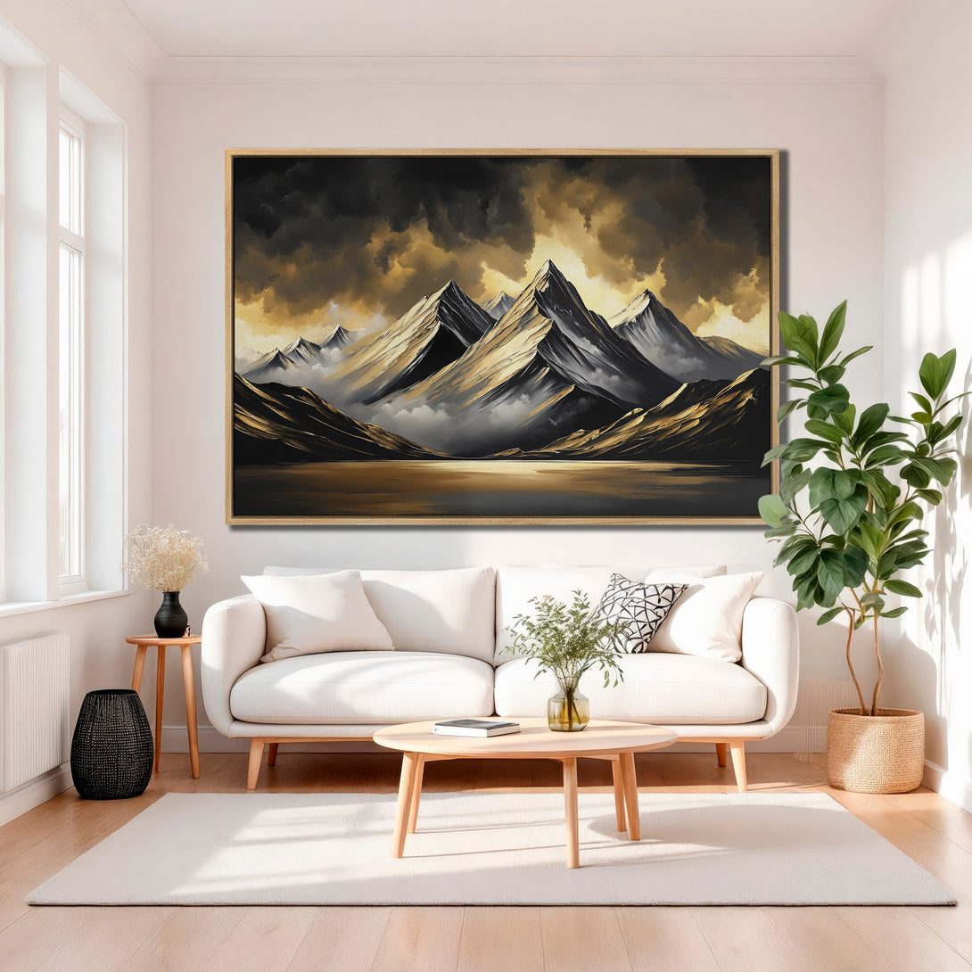 Framed Wall Art: Majestic mountain landscape canvas print in gold, black, and white. Modern art for living room decor. Shop now for stunning wall art!