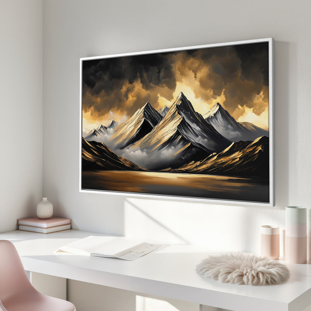 Framed Wall Art featuring a dramatic mountain landscape in gold and black tones. Add a touch of elegance to your home with this stunning canvas print.