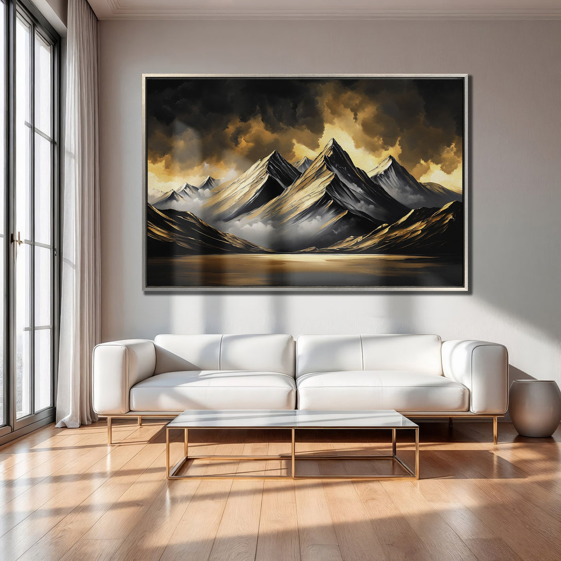 Framed Wall Art: Majestic mountain landscape canvas print with gold, black, and gray tones. Elevate your space with this stunning artwork!