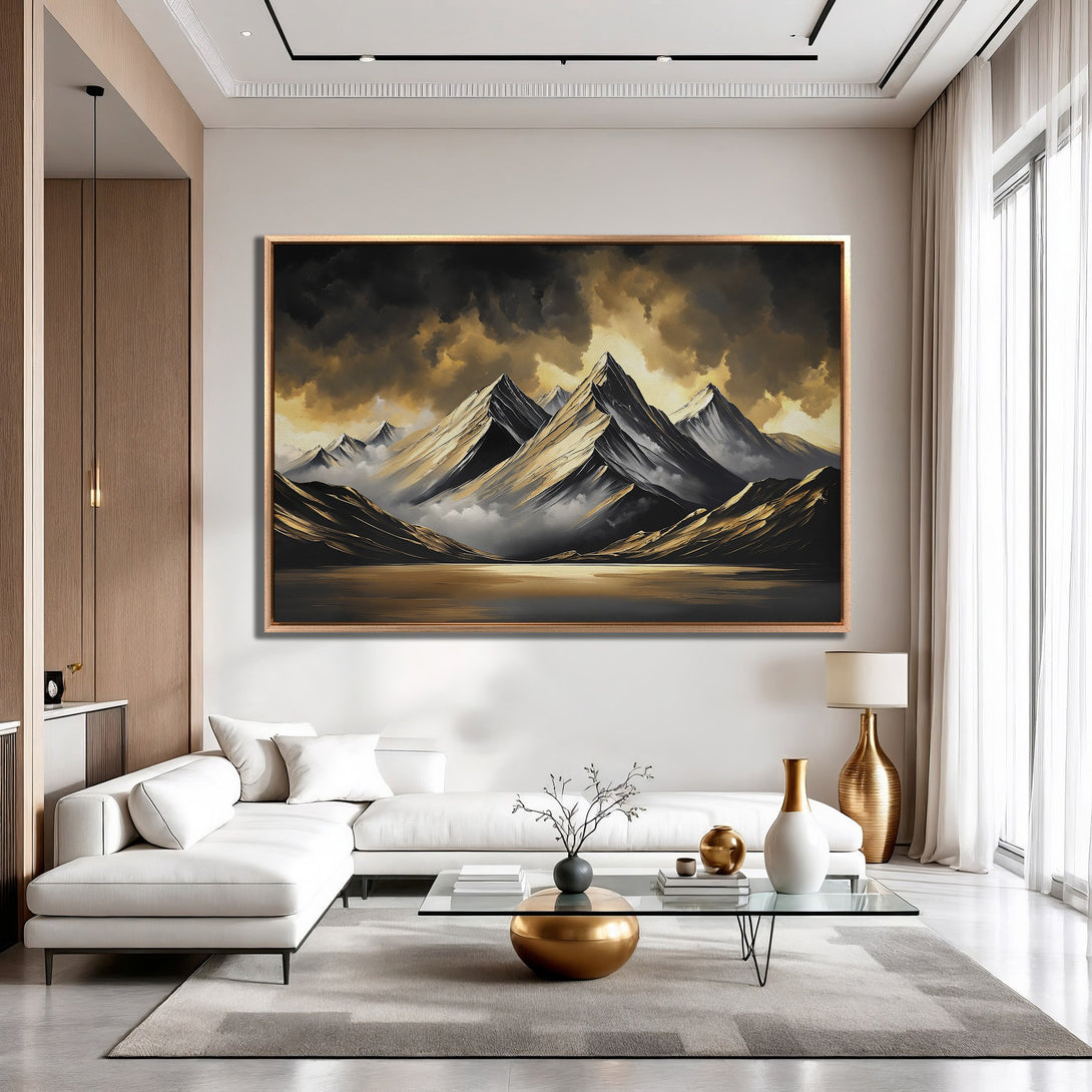 Framed Wall Art: Majestic mountain landscape canvas print in gold, black, and white. Elevate your space with this stunning, modern art piece.