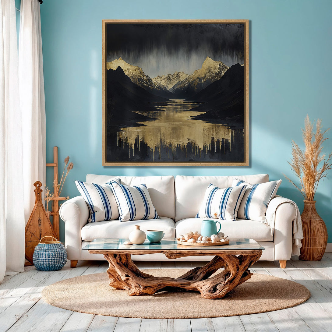Framed Wall Art: Abstract mountain landscape in gold and black. Modern art print adds a touch of elegance to any interior with its calming color palette.