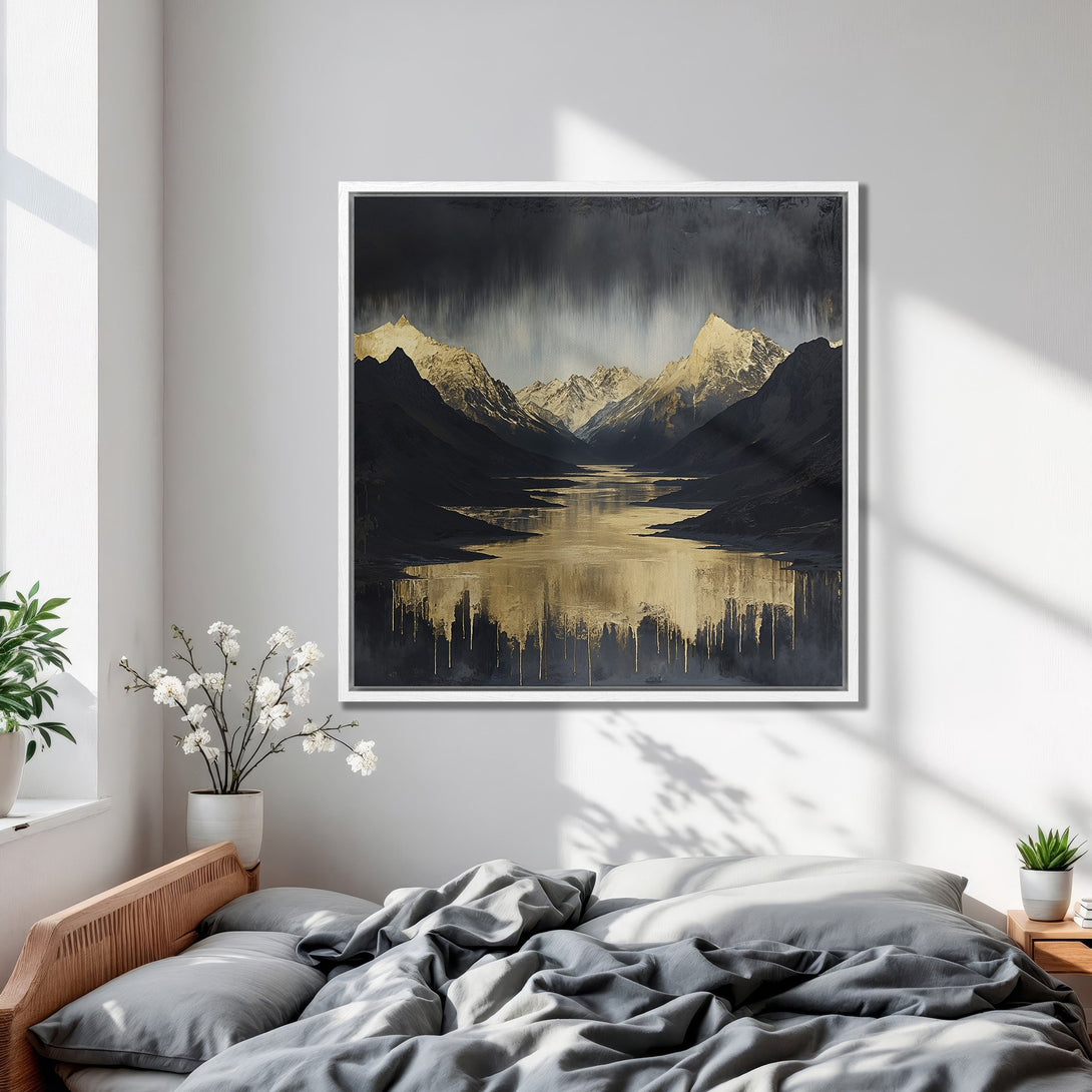 Framed Wall Art: Abstract landscape Canvas Print with gold and black tones. Modern art piece adds elegance to a bedroom interior.