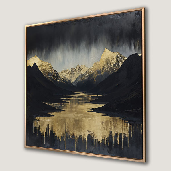 Framed Wall Art: Mountain landscape Canvas Print in gold and black. Modern abstract art for home decor. Enhance your space with this stunning piece.