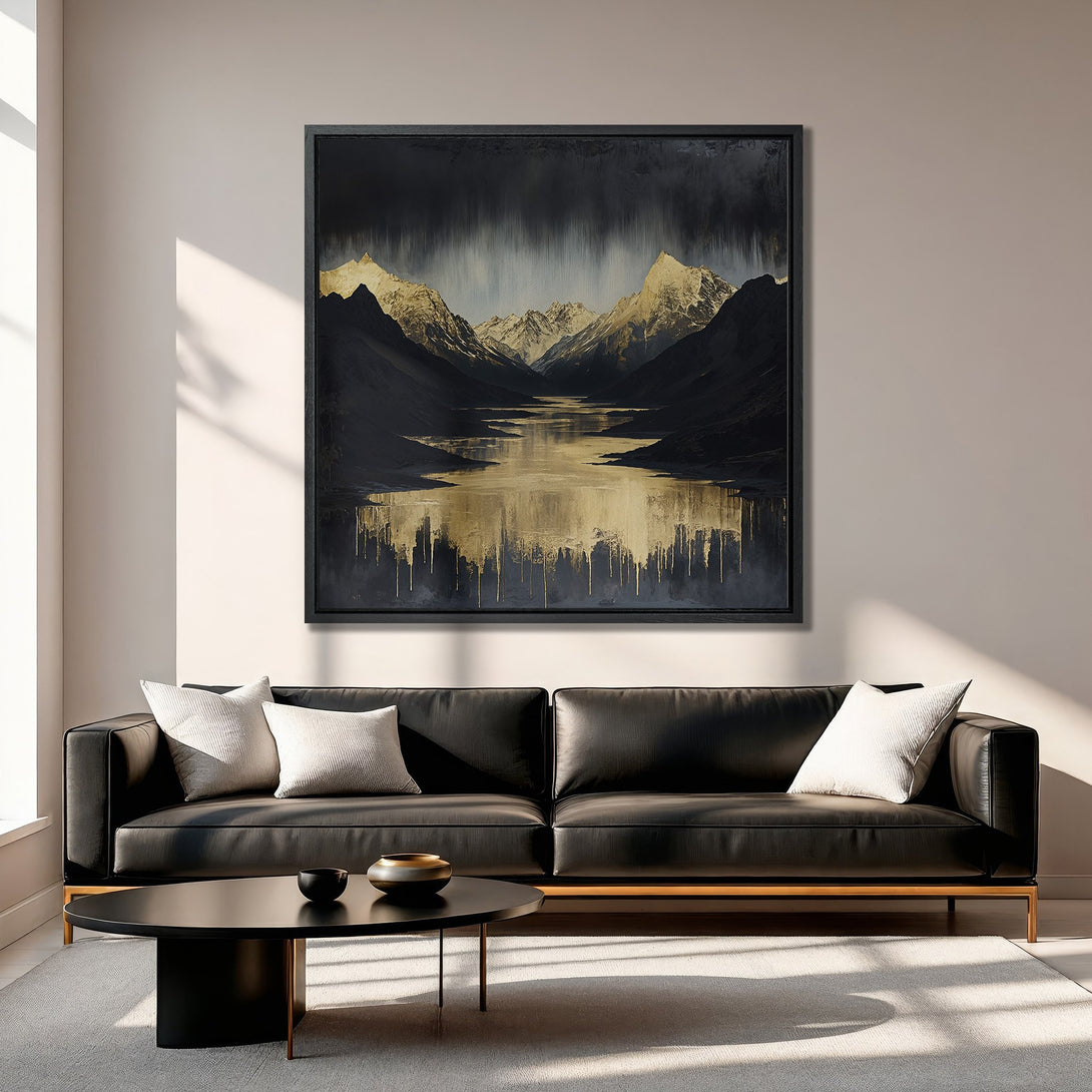 Framed Wall Art featuring a gold and black abstract mountain landscape. Modern art style with a luxurious color palette. Perfect for living room decor.