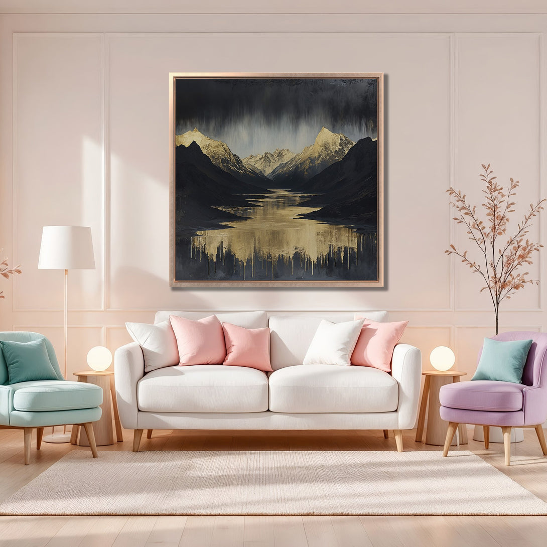 Framed Wall Art of a mountain landscape in a modern living room. Dramatic black, gold, and beige color palette. Elevate your space with this stunning Canvas Print.