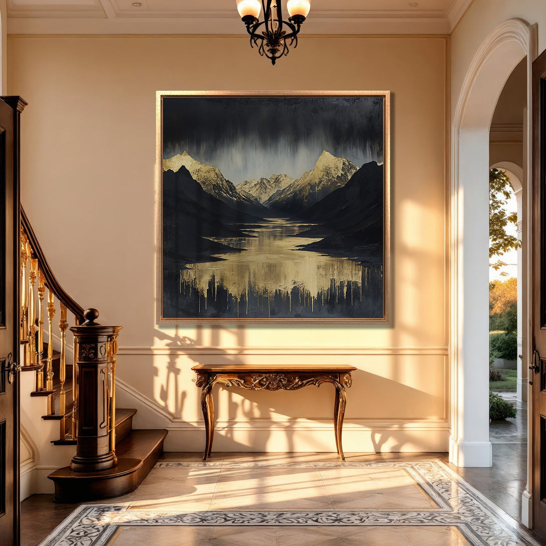 Framed Wall Art: Abstract mountain landscape in dark blue and gold tones. Modern Canvas Print adds elegance to a luxurious interior.