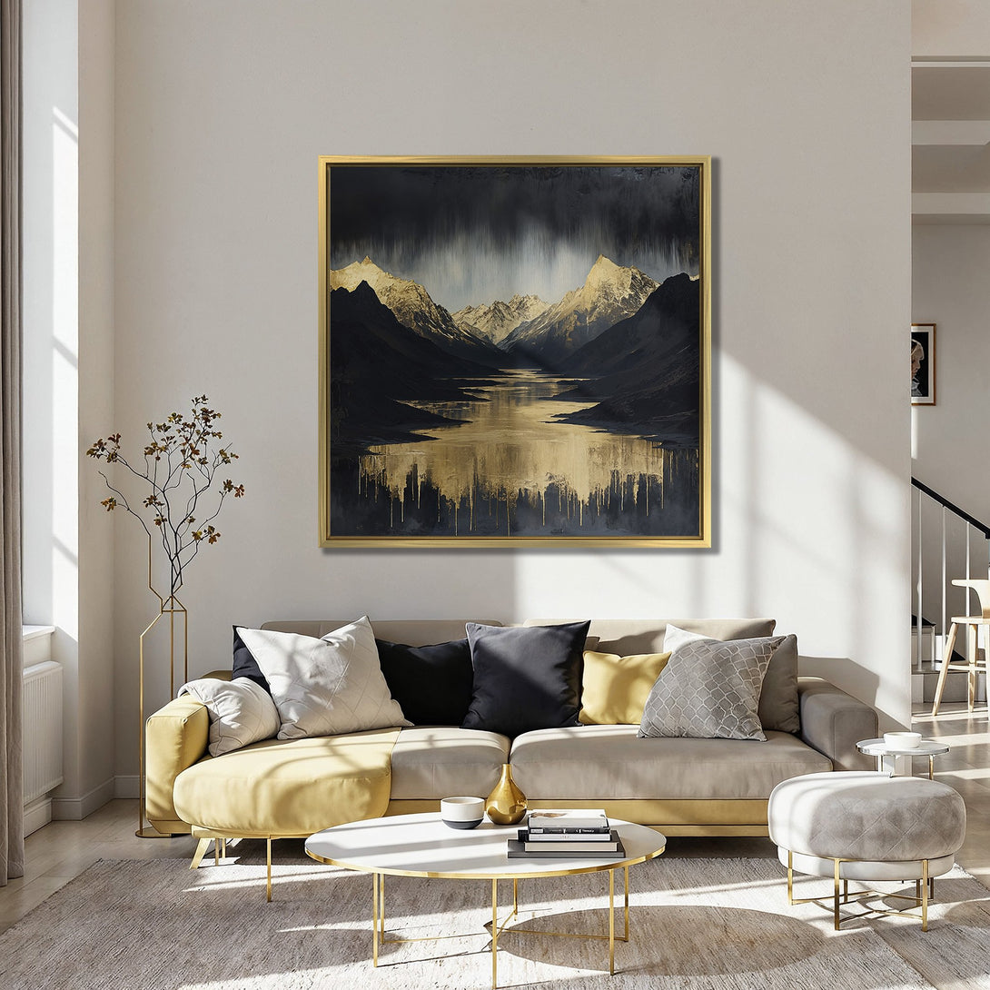 Canvas Print of a mountain landscape in gold and black. Modern art style with a dramatic, luxurious feel. Perfect for living room decor.