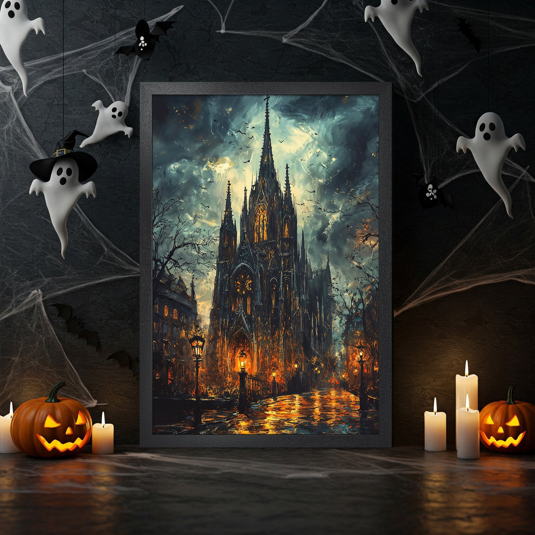 Framed Poster featuring a woman in a pond, impressionist style, with a dark, moody color palette. Perfect Halloween decor!