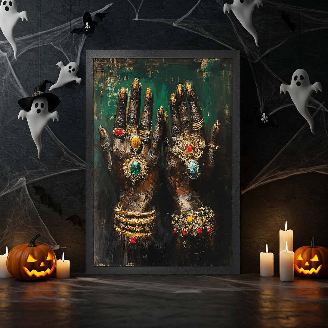 Framed Poster featuring a gothic woman with a red backdrop, dark style, and a black, red, and gold color palette. Perfect Halloween decor!