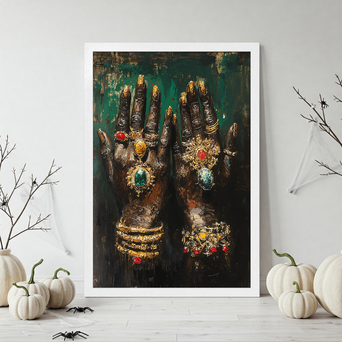 Framed Poster featuring a woman with long black hair, red and gold color palette. Gothic art style, perfect wall decor.