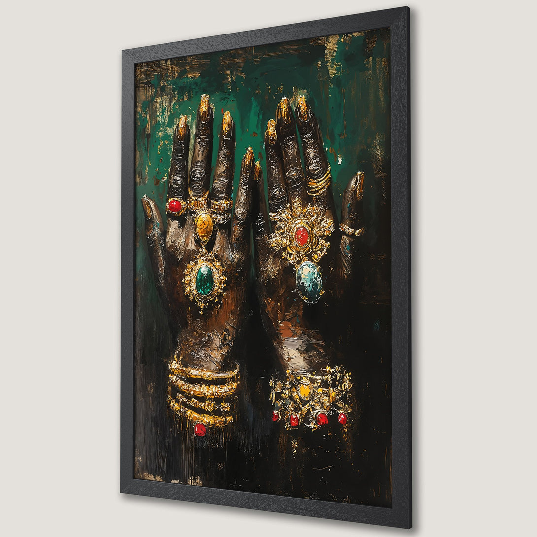 Framed Poster of a woman with long black hair, in a gothic art style, with a red and brown color palette. Perfect wall art.