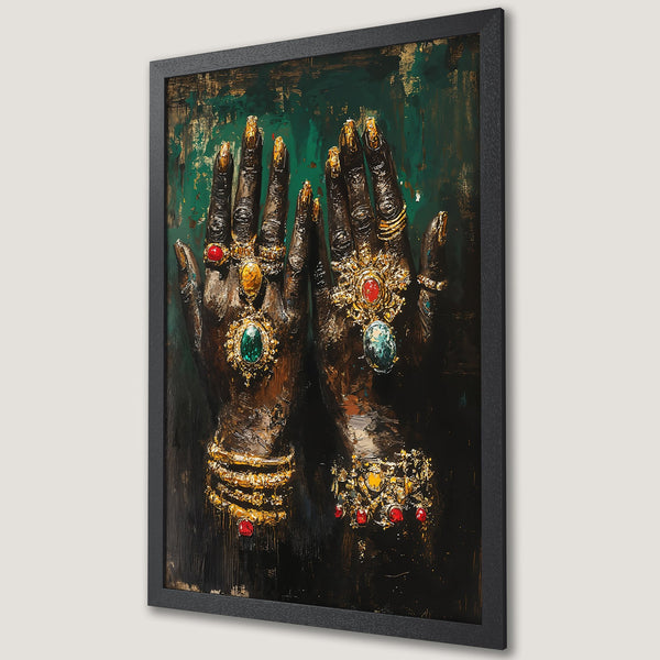 Framed Poster of a woman with long black hair, in a gothic art style, with a red and brown color palette. Perfect wall art.