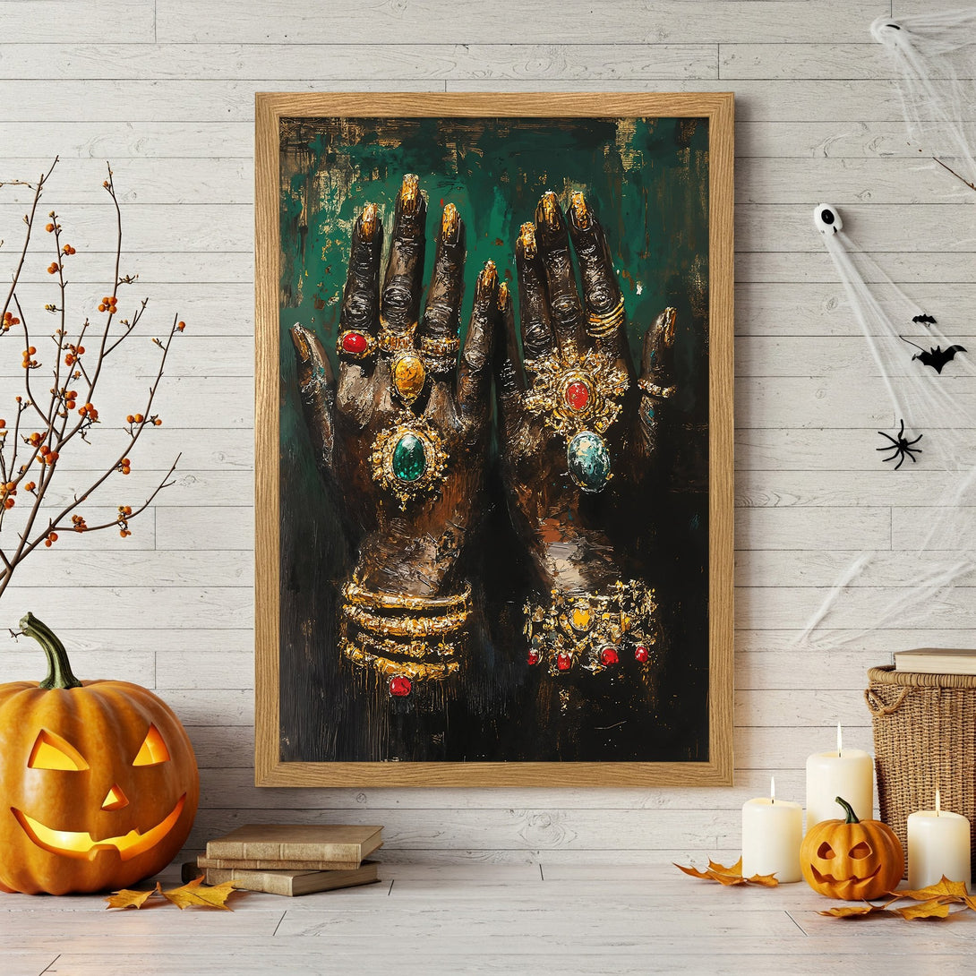 Framed Poster featuring a gothic woman with long black hair, red and black color palette, perfect Halloween decor.