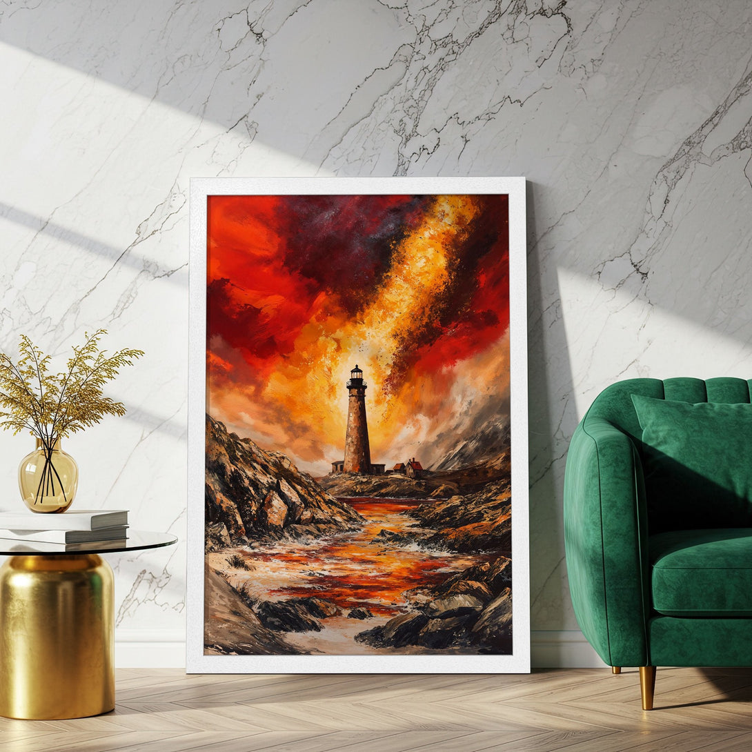 Framed Poster featuring a lighthouse landscape in a vibrant, fiery color palette. Dramatic art print for your home decor.
