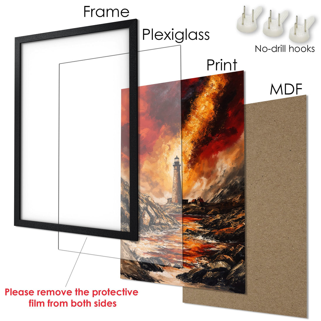 Framed Poster featuring a lighthouse in a dramatic, painterly style with a warm, fiery color palette. Perfect wall art!