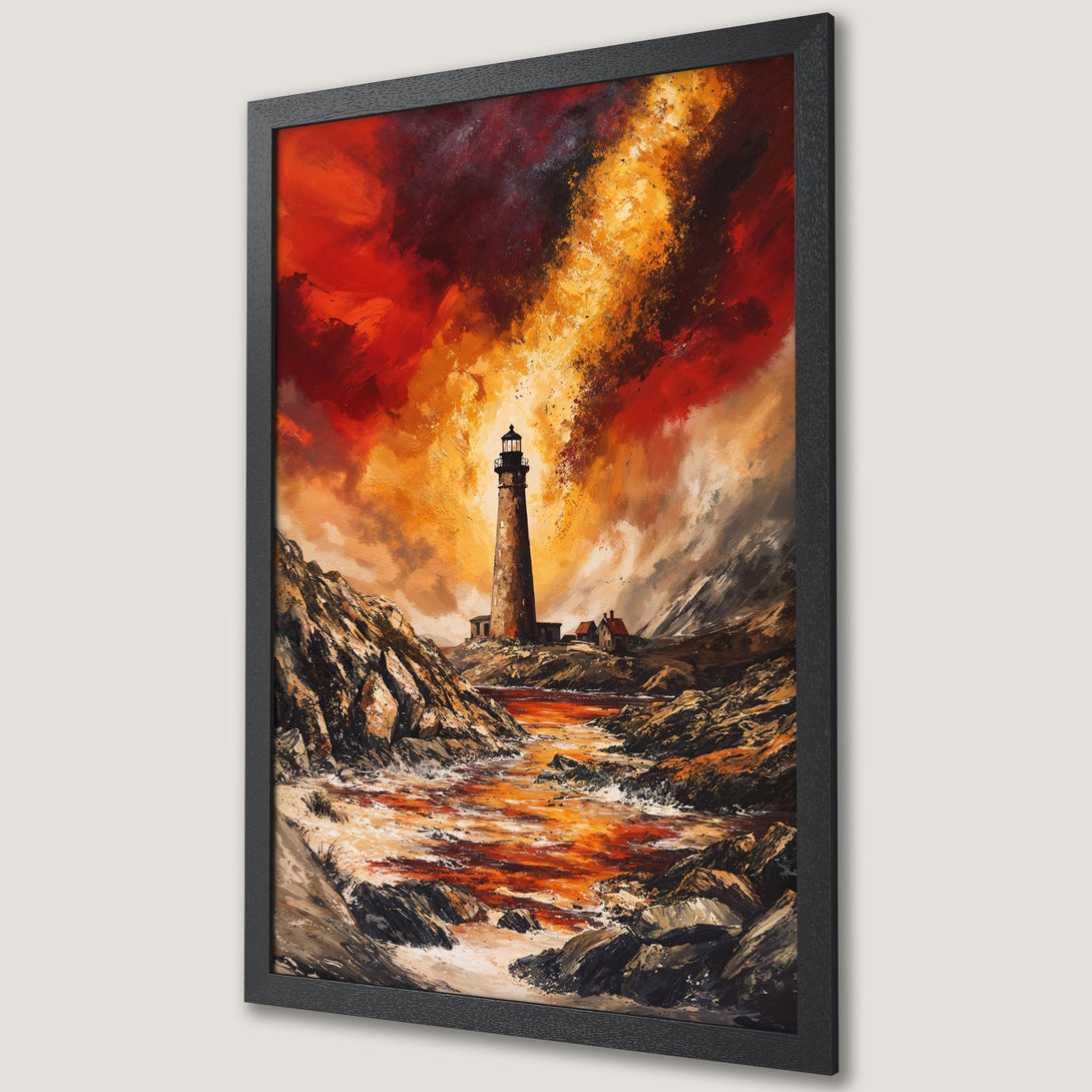 Framed Poster of a dramatic lighthouse landscape painting in warm red, orange, and brown tones. A stunning art print for your home!