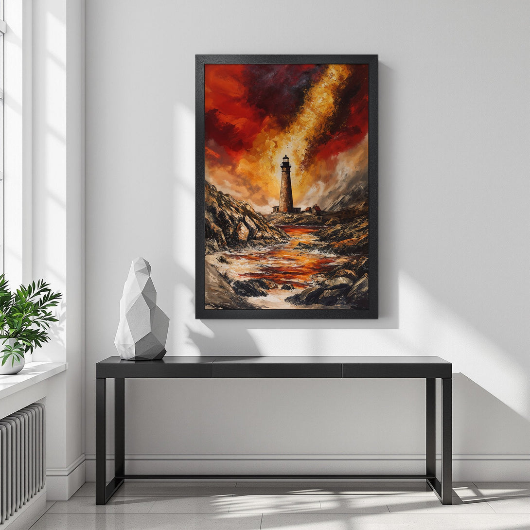 Framed Poster featuring a lighthouse painting in a dramatic style with a fiery red and orange color palette. Perfect wall art for any space!