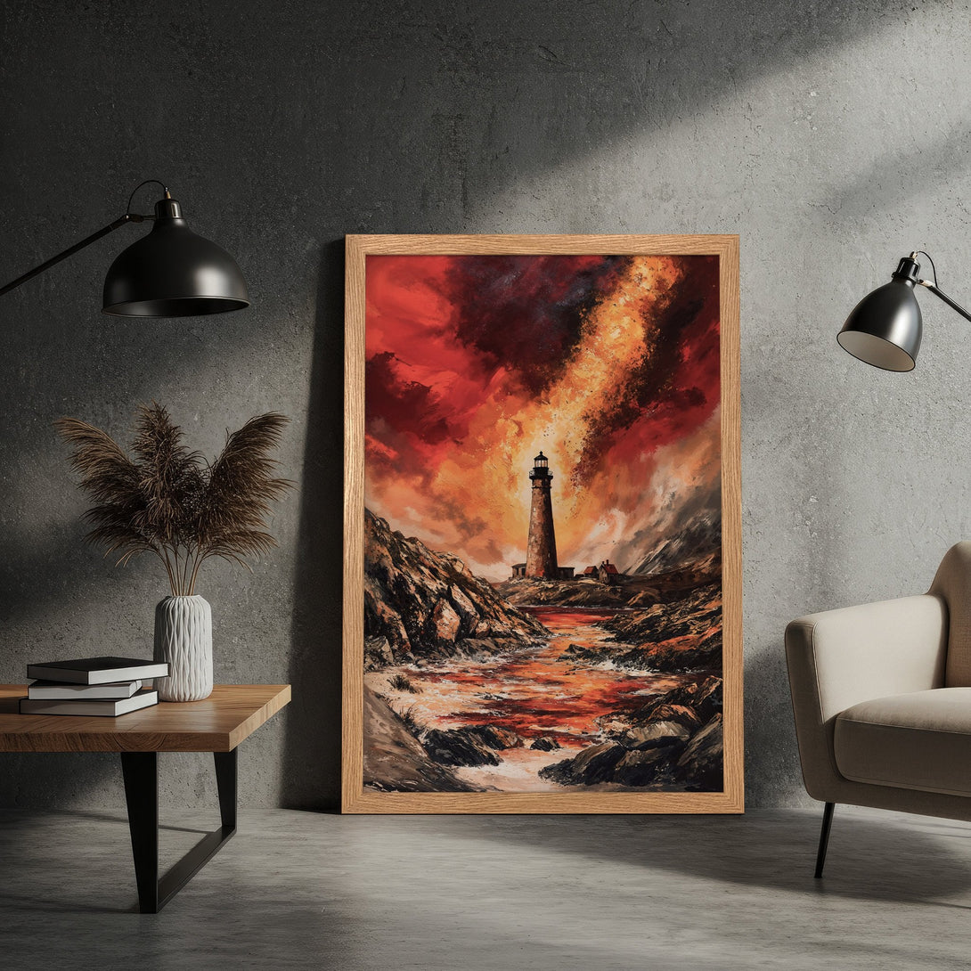 Framed Poster of a lighthouse in a dramatic, fiery style, with a warm red and orange color palette. Perfect wall art!