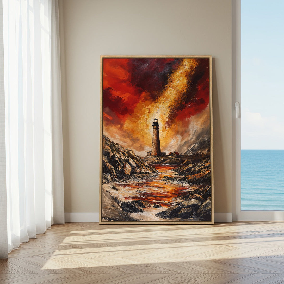 Framed Wall Art: Dramatic lighthouse painting with fiery red & orange sky. Coastal landscape art in warm tones, perfect for home decor.
