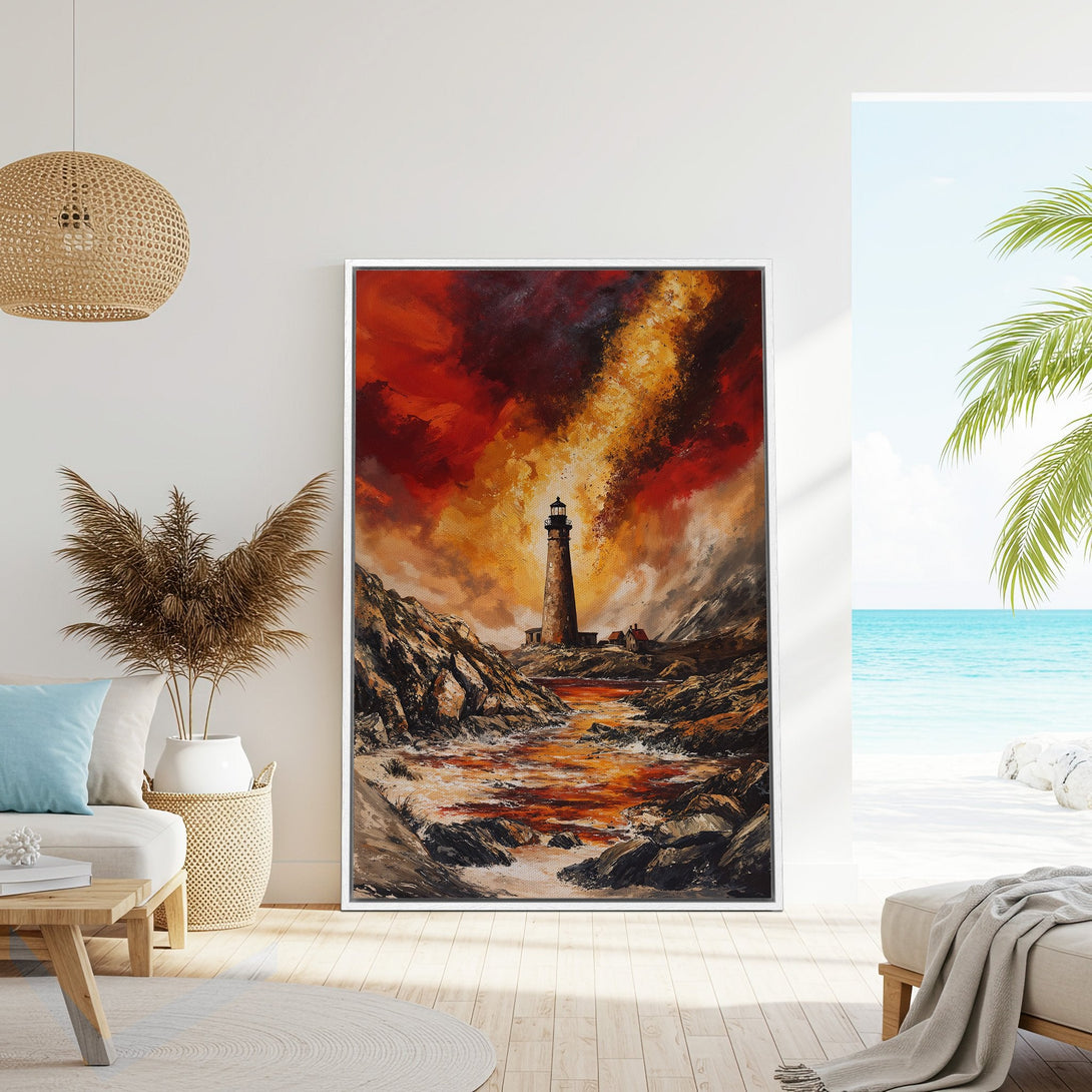 Framed Wall Art: Dramatic lighthouse painting with fiery red and orange sky. Coastal art in a modern interior. Add warmth and style to your space!
