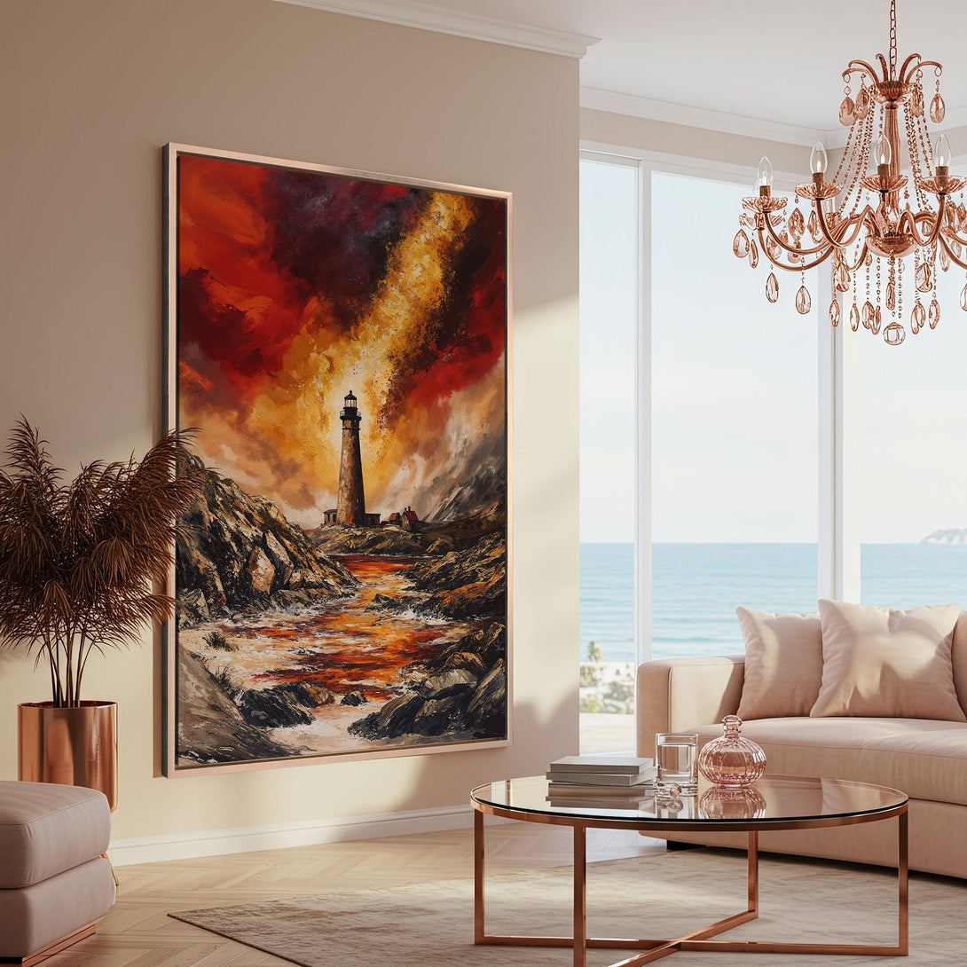 Framed Wall Art featuring a dramatic lighthouse scene in warm red and orange tones. Perfect for adding artistic flair to any interior.
