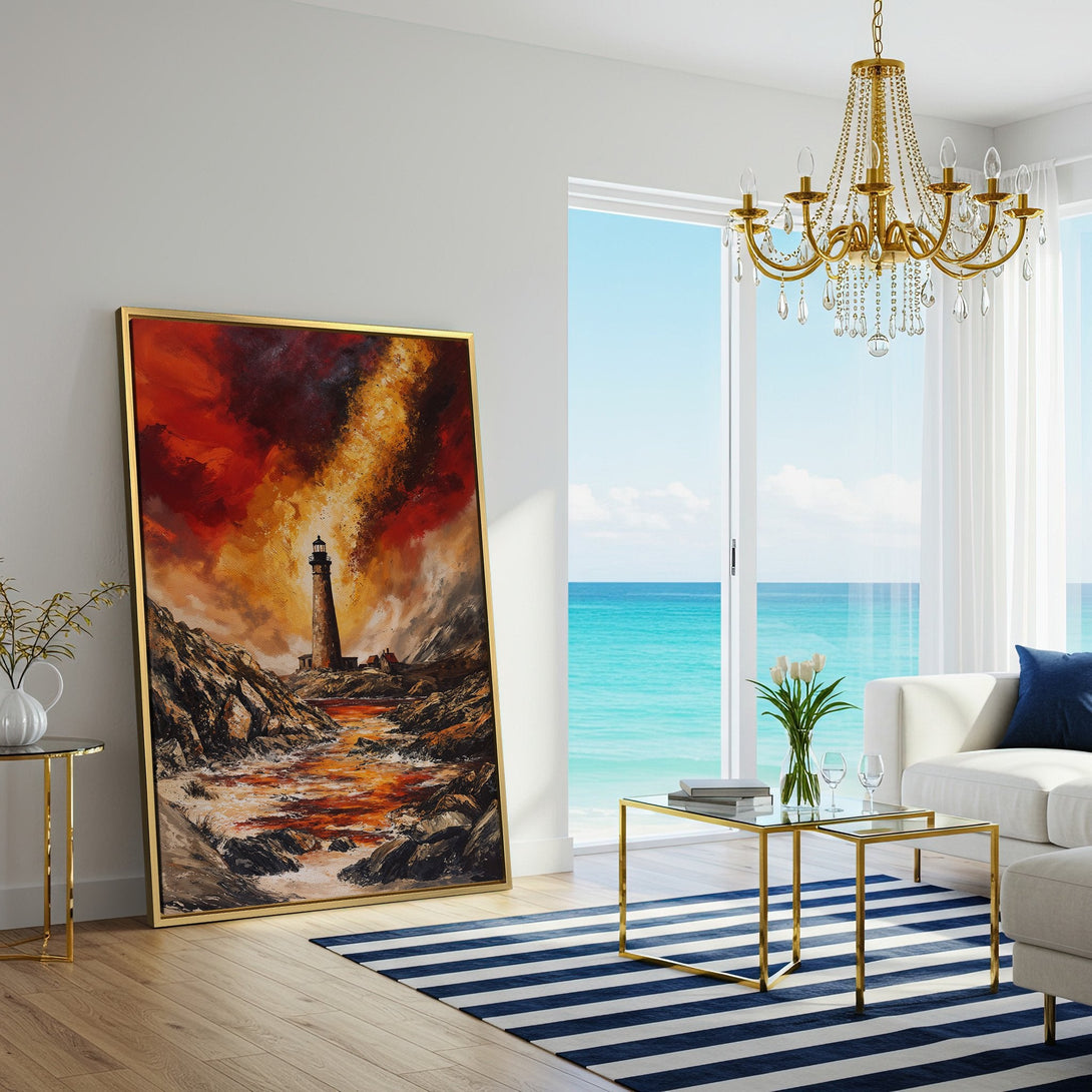 Canvas Print of a lighthouse painting in a warm, fiery palette. Dramatic art for a modern living room.