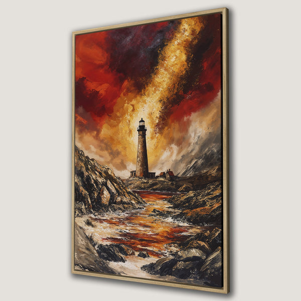 Framed Wall Art: Dramatic lighthouse painting in warm red and gold tones. Coastal landscape art for a stunning focal point. Shop now for unique wall decor!