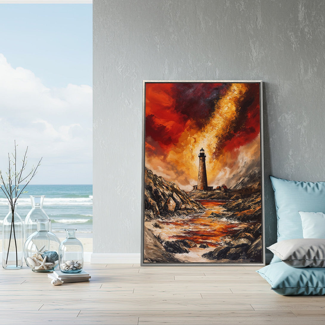 Framed Wall Art: Dramatic lighthouse painting with fiery red and orange hues. Perfect coastal decor. Shop this stunning canvas print and transform your space!