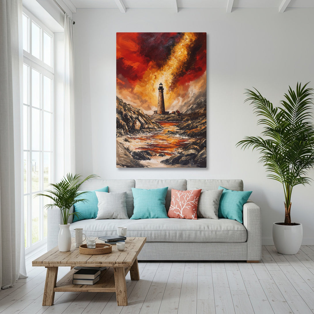 Framed Wall Art: Dramatic lighthouse painting with warm red and orange hues. Coastal artwork displayed in a modern living room with ocean view.
