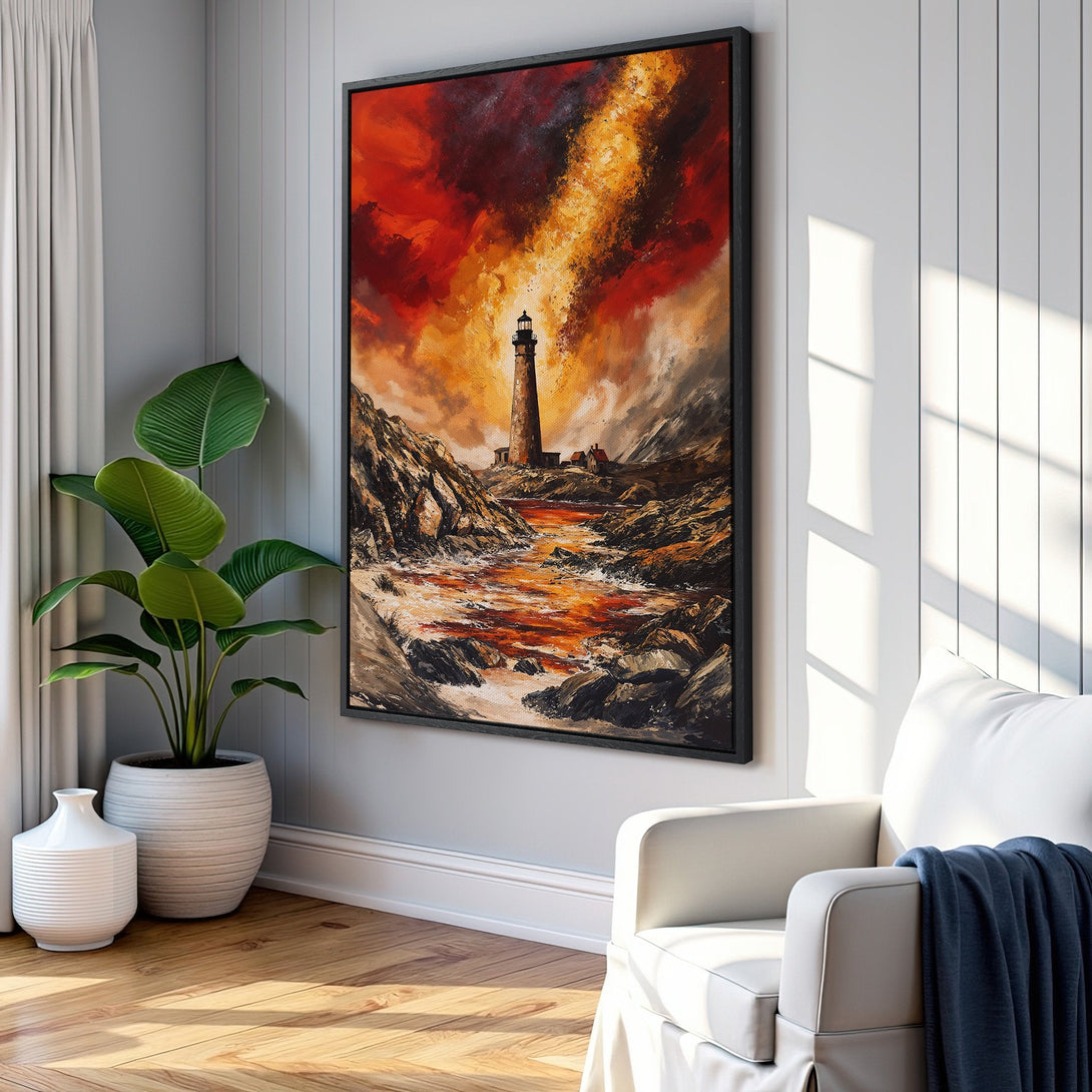 Framed Wall Art: Dramatic lighthouse painting with a fiery red, orange, and yellow color palette. Perfect for adding a bold statement to your home decor.