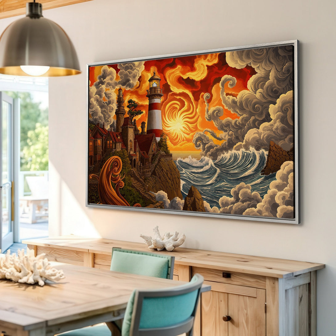 Framed Wall Art Canvas Print featuring a lighthouse scene in a vibrant, illustrative style with warm orange, red, and blue hues. Perfect coastal decor!