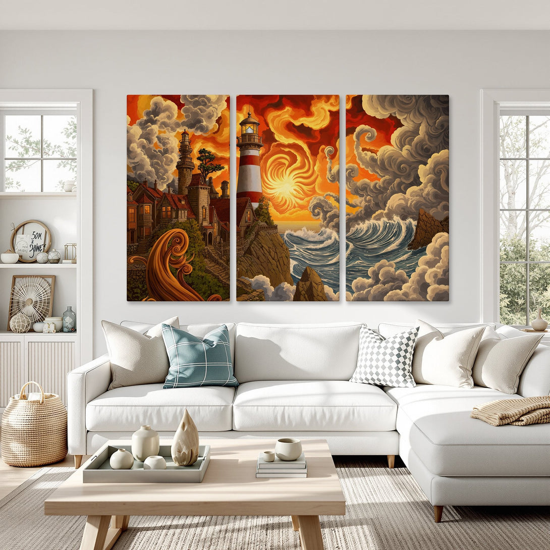 Canvas Print: Lighthouse art in warm orange and red tones. Coastal style with a dramatic sky and ocean view. Perfect for living room decor.