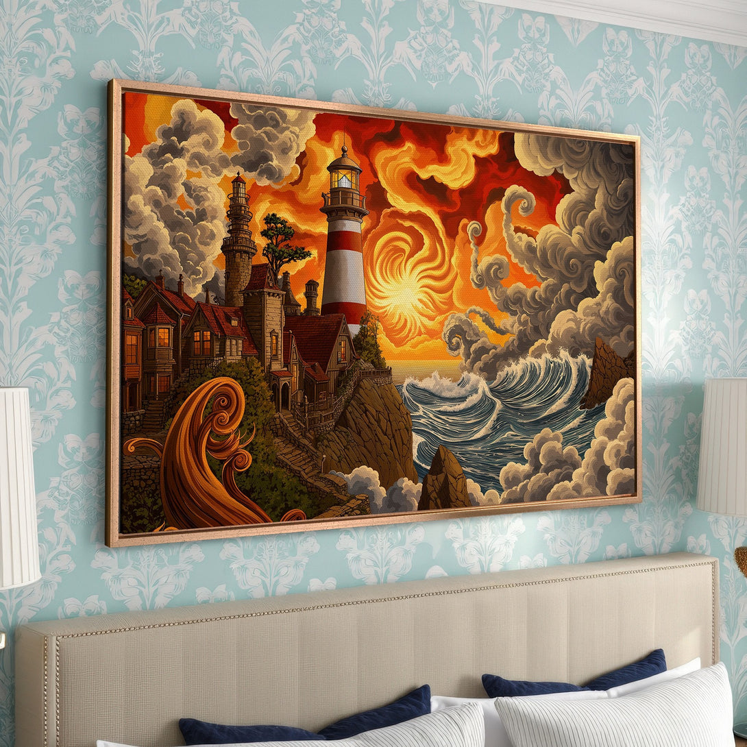 Framed Wall Art: Lighthouse art print with vibrant sunset colors. Coastal scene in a dramatic, illustrative style. Warm orange, red, and blue color palette.