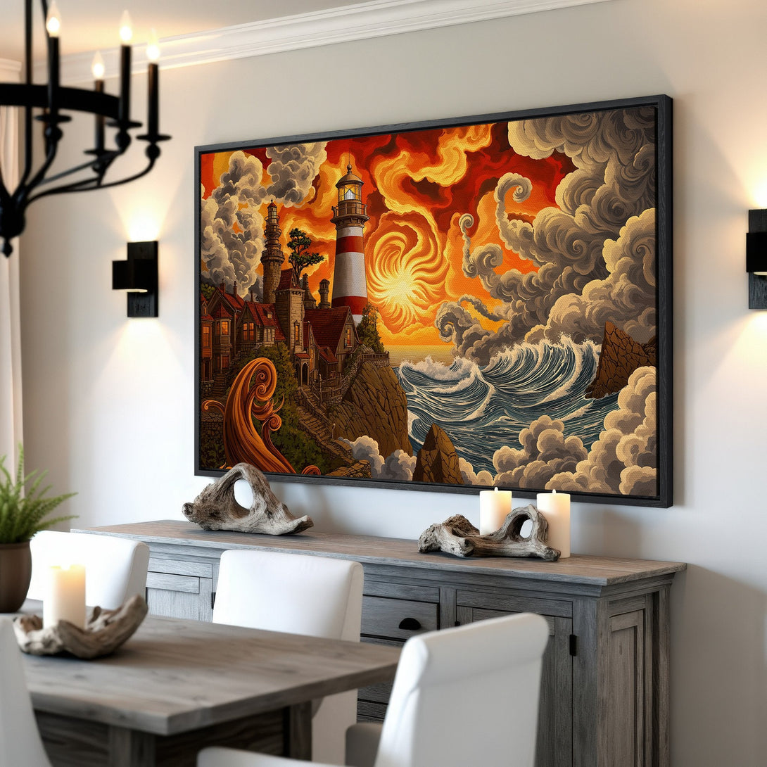 Framed Wall Art: Lighthouse scene in warm orange, red, and blue tones. Coastal art print adds a dramatic touch to any space. Shop now!