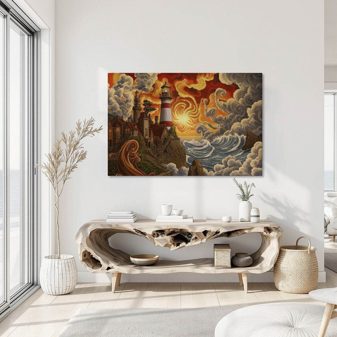 Framed Wall Art: Lighthouse canvas print in warm tones. Dramatic seascape art, perfect for coastal decor. Features red, orange, and blue color palette.