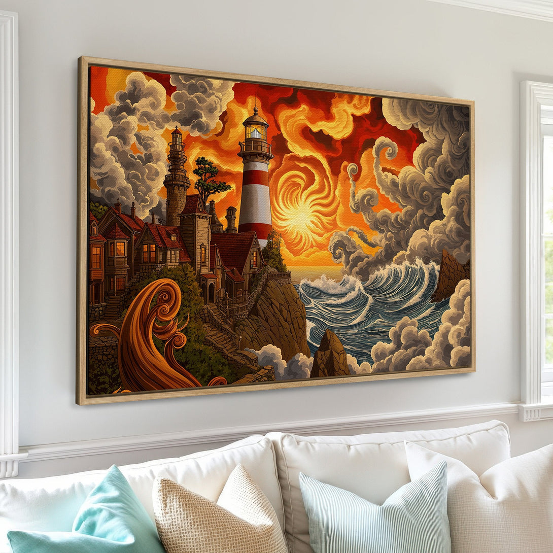 Framed Wall Art featuring a lighthouse scene in a vibrant, warm color palette. Perfect for coastal decor!