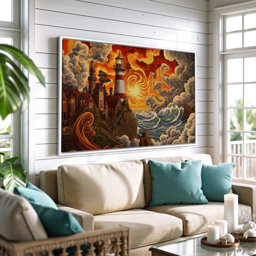 Framed Wall Art Canvas Print of a lighthouse scene in a warm, vibrant color palette. Coastal style art for home decor.