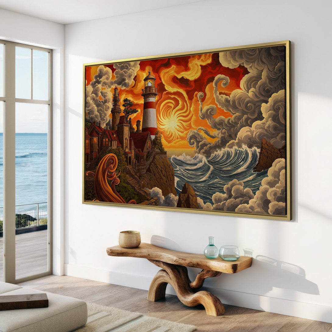 Canvas Print of a lighthouse scene in a dramatic, stylized painting with warm orange and red tones. Coastal wall art for your home.