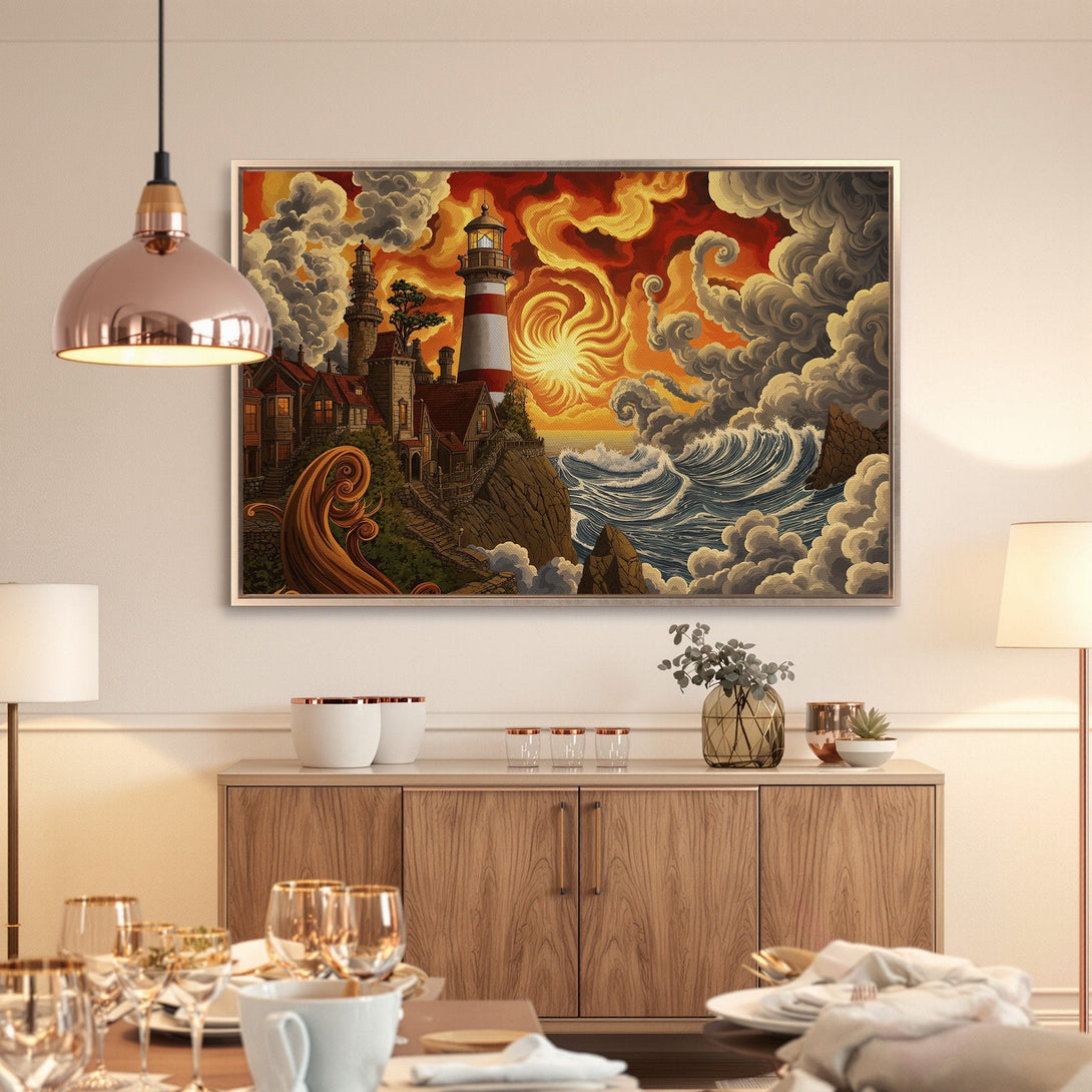 Framed Wall Art: Dramatic lighthouse scene in warm red, orange, and blue tones. Coastal art print perfect for adding a touch of adventure to your home.