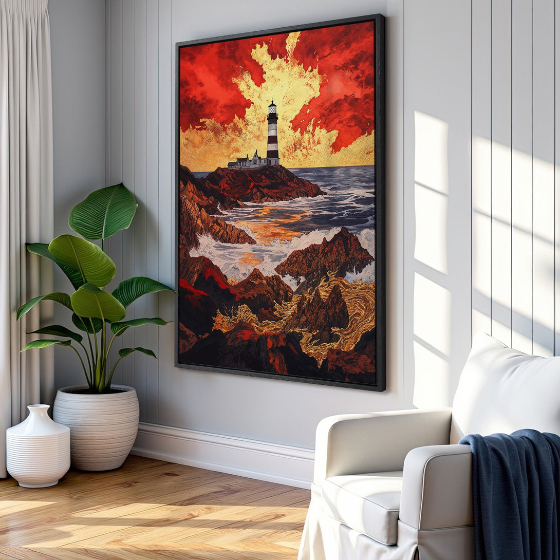Framed Wall Art featuring a lighthouse on a rocky coast, vibrant red and gold sunset. Coastal art in a modern interior.