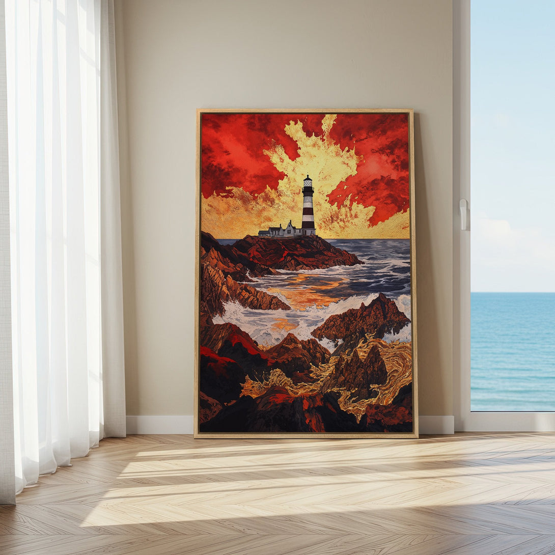 Framed Wall Art: Lighthouse canvas print with fiery red and gold sky. Coastal landscape art in warm, dramatic color palette. Perfect for home decor.