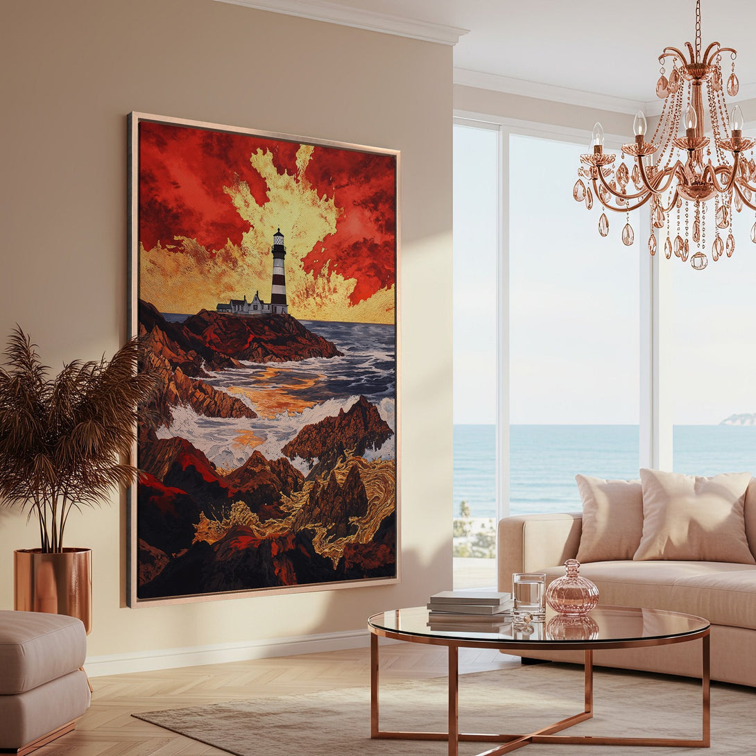 Framed Wall Art: Lighthouse art print in warm red and gold tones. Coastal style canvas print adds a touch of elegance to any living room.