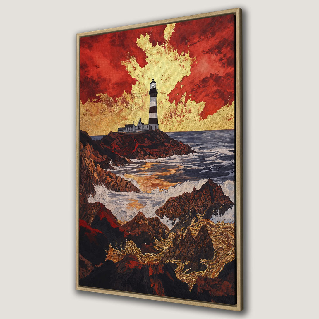 Framed Wall Art of a lighthouse on a rocky coast, with a dramatic red and gold sky. Coastal artwork in a modern, abstract style. Perfect for any room!