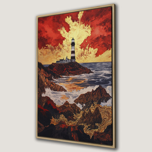 Framed Wall Art of a lighthouse on a rocky coast, with a dramatic red and gold sky. Coastal artwork in a modern, abstract style. Perfect for any room!