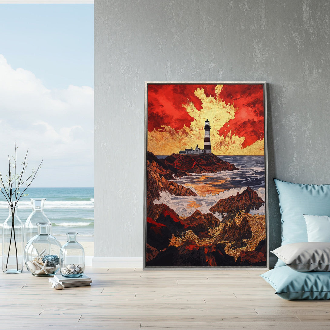 Framed Wall Art featuring a lighthouse on a rocky coast, vibrant red & gold sunset. Coastal art print for a stunning home decor upgrade.