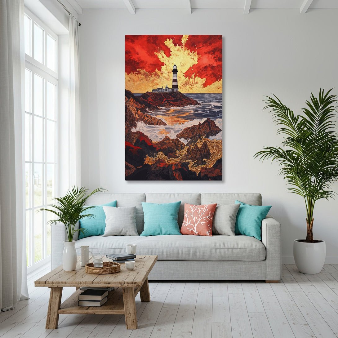 Framed Wall Art: Lighthouse painting with a dramatic red and gold sky. Coastal style Canvas Print adds a touch of elegance to any interior.