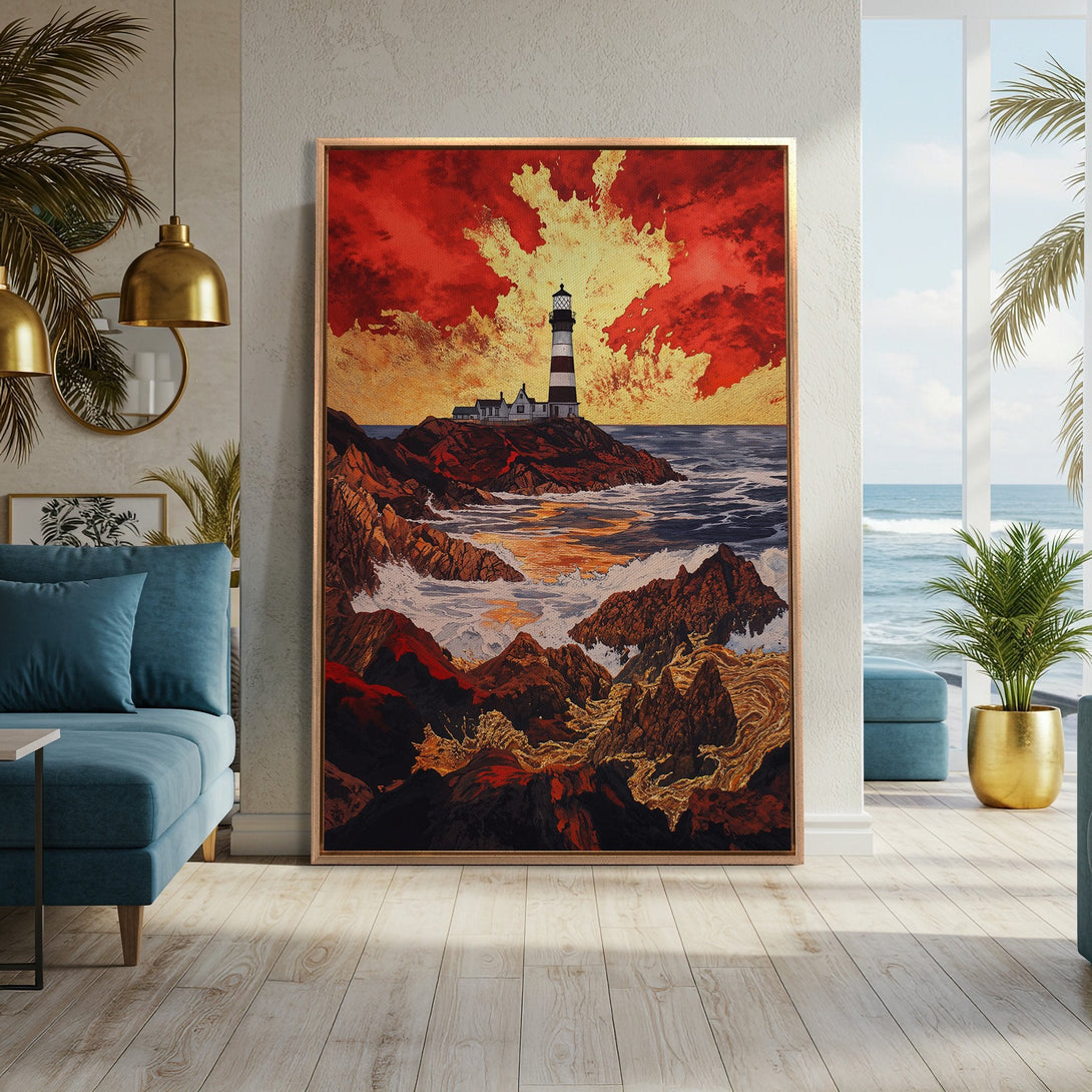 Framed Wall Art: Lighthouse art print with a vibrant red and gold sky. Coastal landscape painting in warm tones, perfect for living room decor.