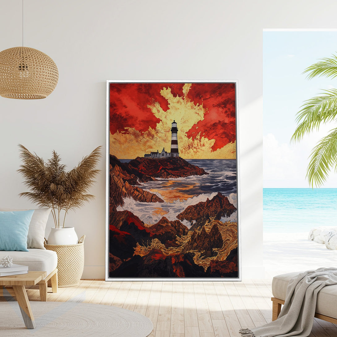 Framed Wall Art featuring a lighthouse landscape in warm red, gold, and brown tones. Adds a touch of coastal art to any space.